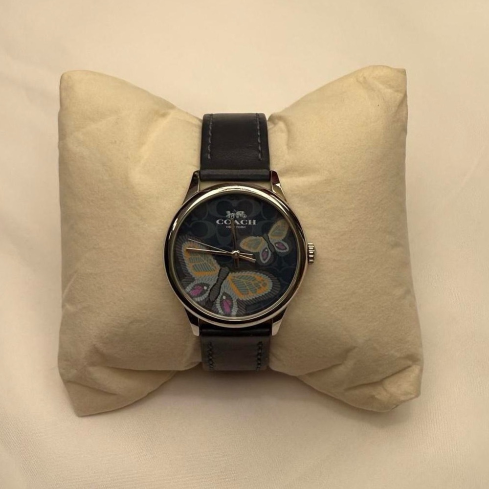 Coach Women's Watch with Black Leather Strap and Silver Accents